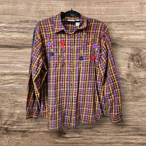 Vintage Napa Valley Colorful Plaid Embroidered Floral 3D Button Up Blouse Top
